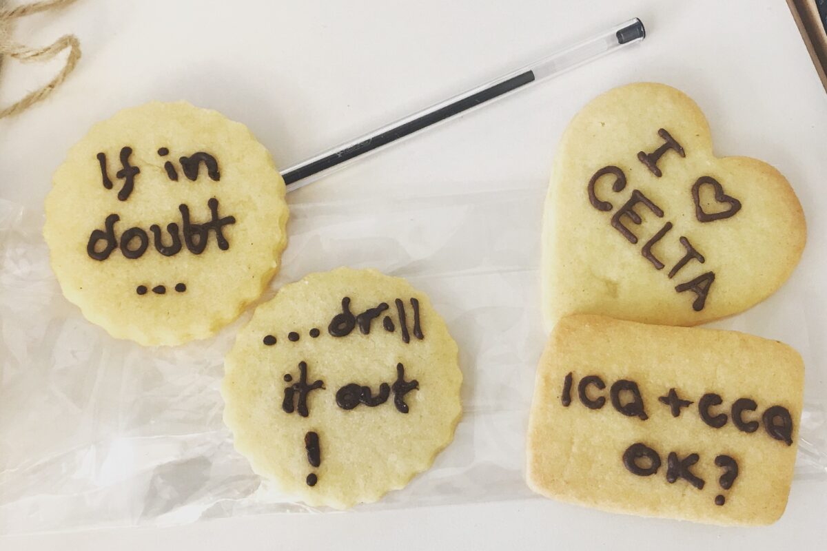 Biscuits made by a CELTA trainee with popular course sayings such as ‘If in doubt, drill it out
